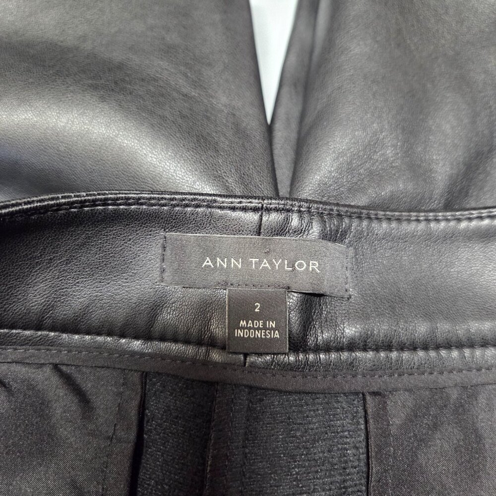 Ann Taylor Size 2 Black Faux Leather High Rise Straight Leg Pants Button Detail - Picture 9 of 10